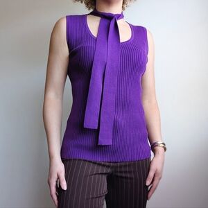 Vintage 90s Deep Purple Cotton Ribbed Knitted Tank Top With Attached Scarf